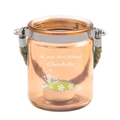 Butterfly Design Personalised Orange Glass Candle Holder