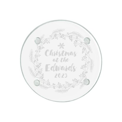 Christmas Wreath Engraved Round Glass Coaster Set