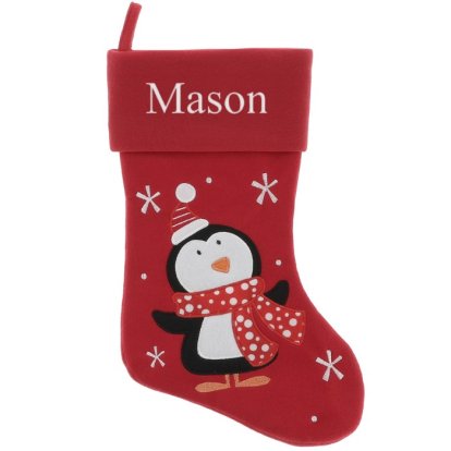Deluxe Red Christmas Penguin Stocking - Embroidered Name
