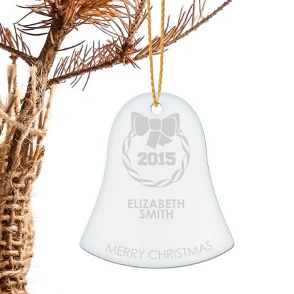 Engraved Bell Shape Solid Glass Decoration - Wreath