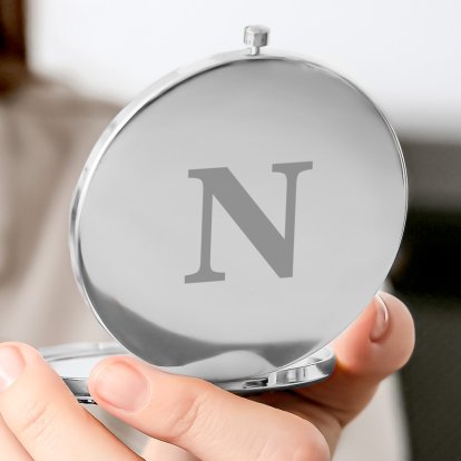 Engraved Big Initial Round Silver Compact Mirror
