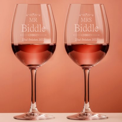 Engraved Mr and Mrs Wedding Wine Glass Set