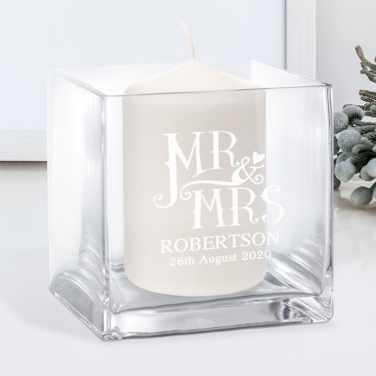 Engraved Dotty Mr and Mrs Square Candle Holder