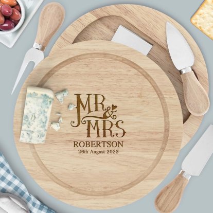 Engraved Dotty Mr and Mrs Wooden Cheeseboard Set