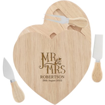 Engraved Dotty Mr and Mrs Wooden Heart Cheeseboard Set