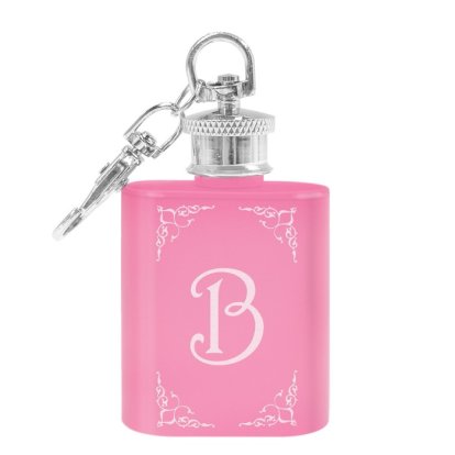Engraved Elegant Initial Pink Keyring Flask
