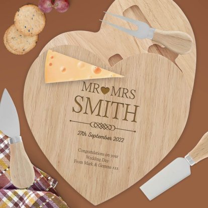 Engraved Heart Cheese Board Set - Mr and Mrs