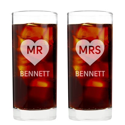 Engraved Hi Ball Glass Set - Mr and Mrs