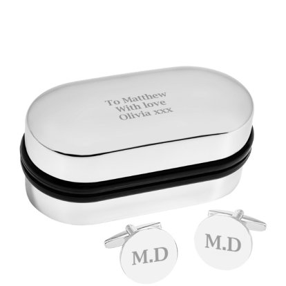Engraved Initial Round Cufflinks With Chrome Presentation Box