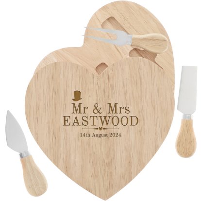 Engraved Mr and Mrs Heart Cheese Board Set - Decorative Wedding