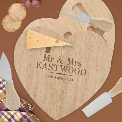 Engraved Mr and Mrs Heart Cheese Board Set - Decorative Wedding Photo 2