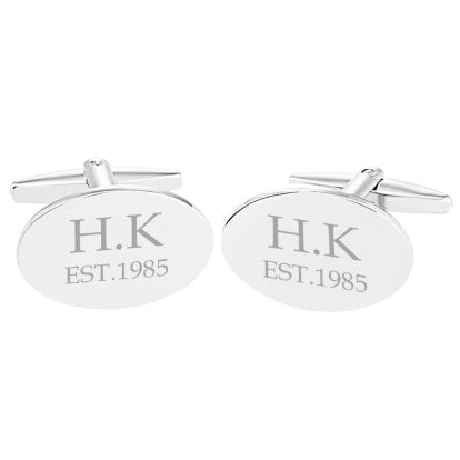 Personalised Rhodium Plated Oval Cufflinks - Initials and Date