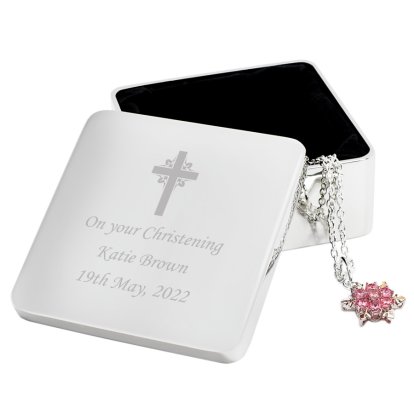 Engraved Square Silver Plated Jewellery Box - Cross Design
