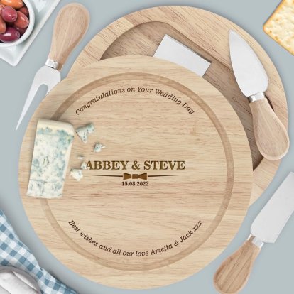 Engraved Wedding Wooden Cheese Board Set - Classic Bow Tie Bride and Groom