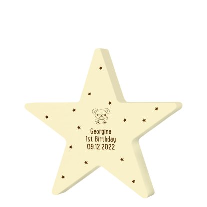 Personalised Wooden Cream Star Keepsake - Teddy Design