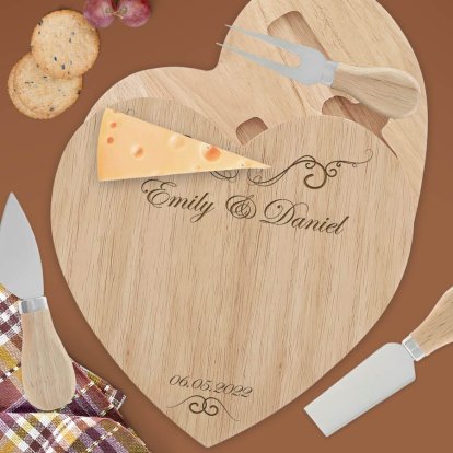 Engraved Wooden Heart Cheese Board Set - Couple's Names