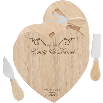 Engraved Wooden Heart Cheese Board Set - Couple's Names