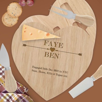 Engraved Wooden Heart Cheese Board Set - Cupid Arrows