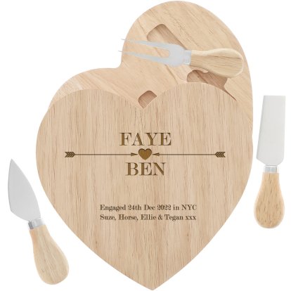 Engraved Wooden Heart Cheese Board Set - Cupid Arrows