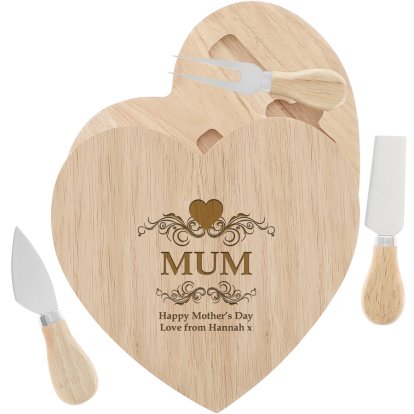 Engraved Wooden Heart Cheese Board Set - Hearts and Swirl