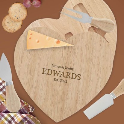 Engraved Wooden Heart Couple's Cheese Board Set