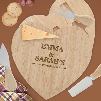 Engraved Wooden Heart Couples Cheeseboard Set