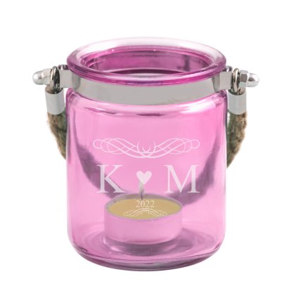 Heart and Initials Personalised Pink Glass Candle Holder