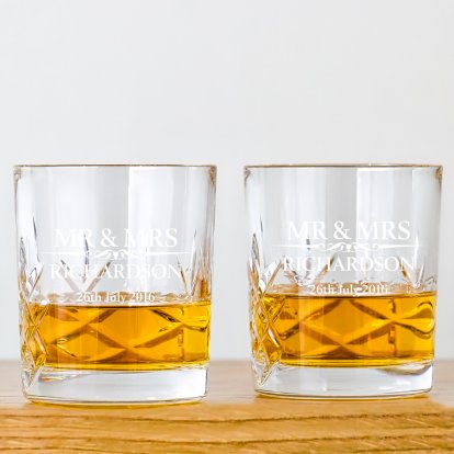 Heritage Wedding Mr and Mrs Personalised Cut Glass Whisky Glasses