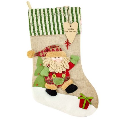 Luxury Santa Hessian Stocking with Engraved Wooden Name Tag