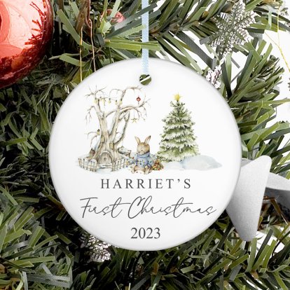 Personalised 1st Christmas Rabbit Ceramic Round Decoration 