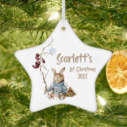 Personalised 1st Christmas Star Ceramic Decoration - Winter Rabbit 