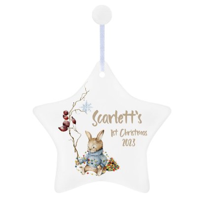 Personalised 1st Christmas Star Ceramic Decoration - Winter Rabbit