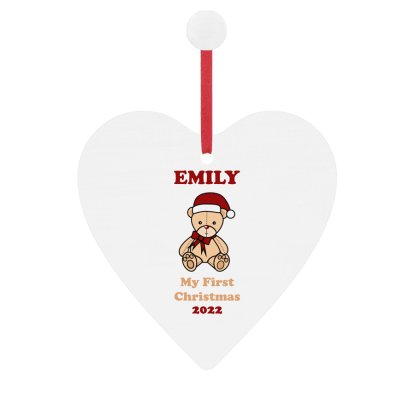 Personalised 1st Christmas Teddy Design Wooden Heart Decoration