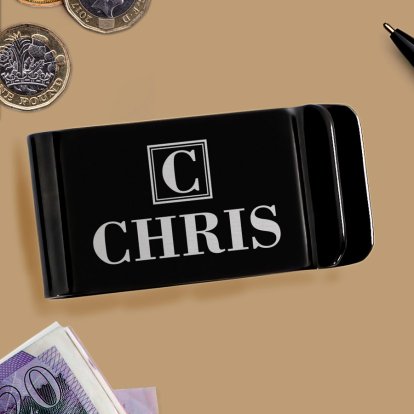 Personalised Black Money Clip - Initial & Name