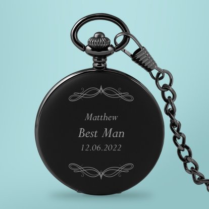Personalised Black Pocket Watch - Best Man Swirl
