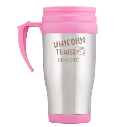 Personalised Pink Travel Mug - Unicorn tears