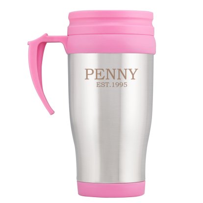 Personalised Pink Travel Mug - Name & Year