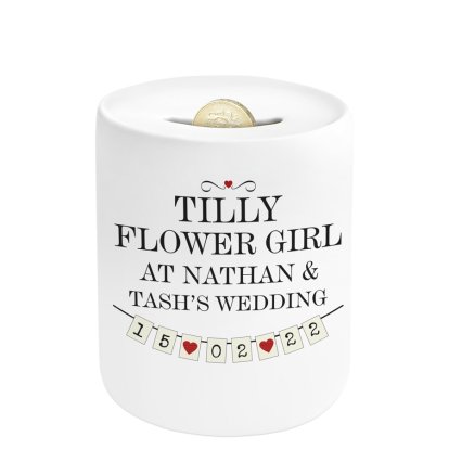 Personalised Ceramic Money Box - Flowergirl Bunting Design
