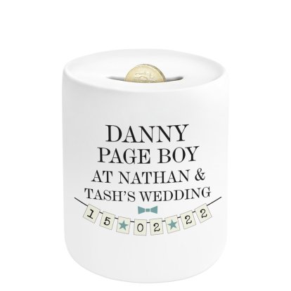 Personalised Ceramic Money Box - Page Boy Bunting Design