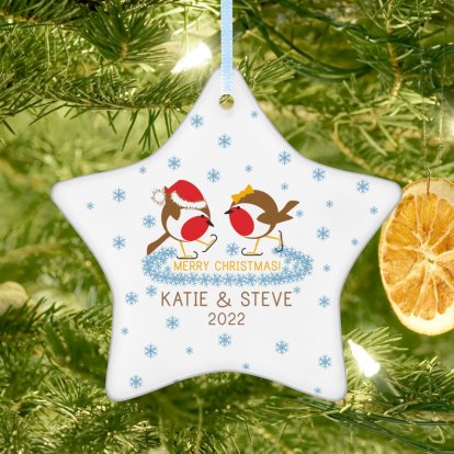 Personalised Ceramic Star Tree Decoration - Christmas Robins 