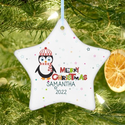 Personalised Ceramic Star Tree Decoration - Penguin