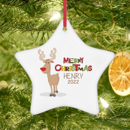 Personalised Ceramic Star Tree Decoration - Rudolph 