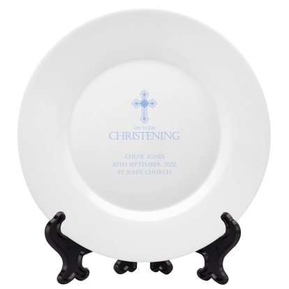 Personalised Christening Cross Plate Blue