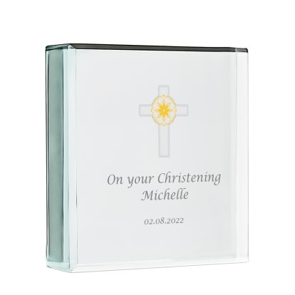 Personalised Christening Glass Block - Cross Design 