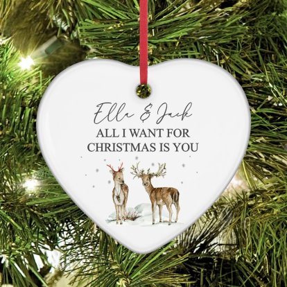 Personalised Christmas Ceramic Heart Decoration - Reindeers 