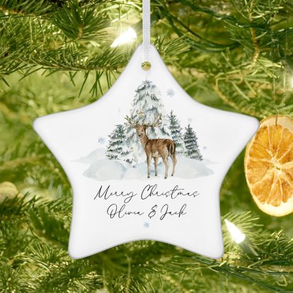 Personalised Christmas Ceramic Star Decoration - Winter Forest 