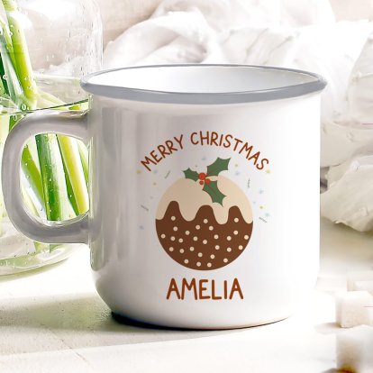 Personalised Christmas Pudding Enamel Mug 