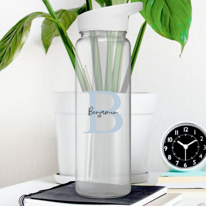 Personalised Clear Water Bottle - Blue Initial & Name 