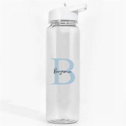 Personalised Clear Water Bottle - Blue Initial & Name