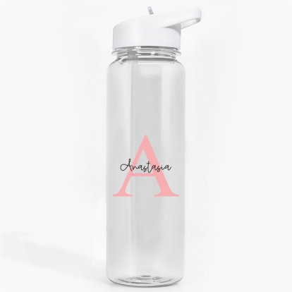 Personalised Clear Water Bottle - Pink Initial & Name